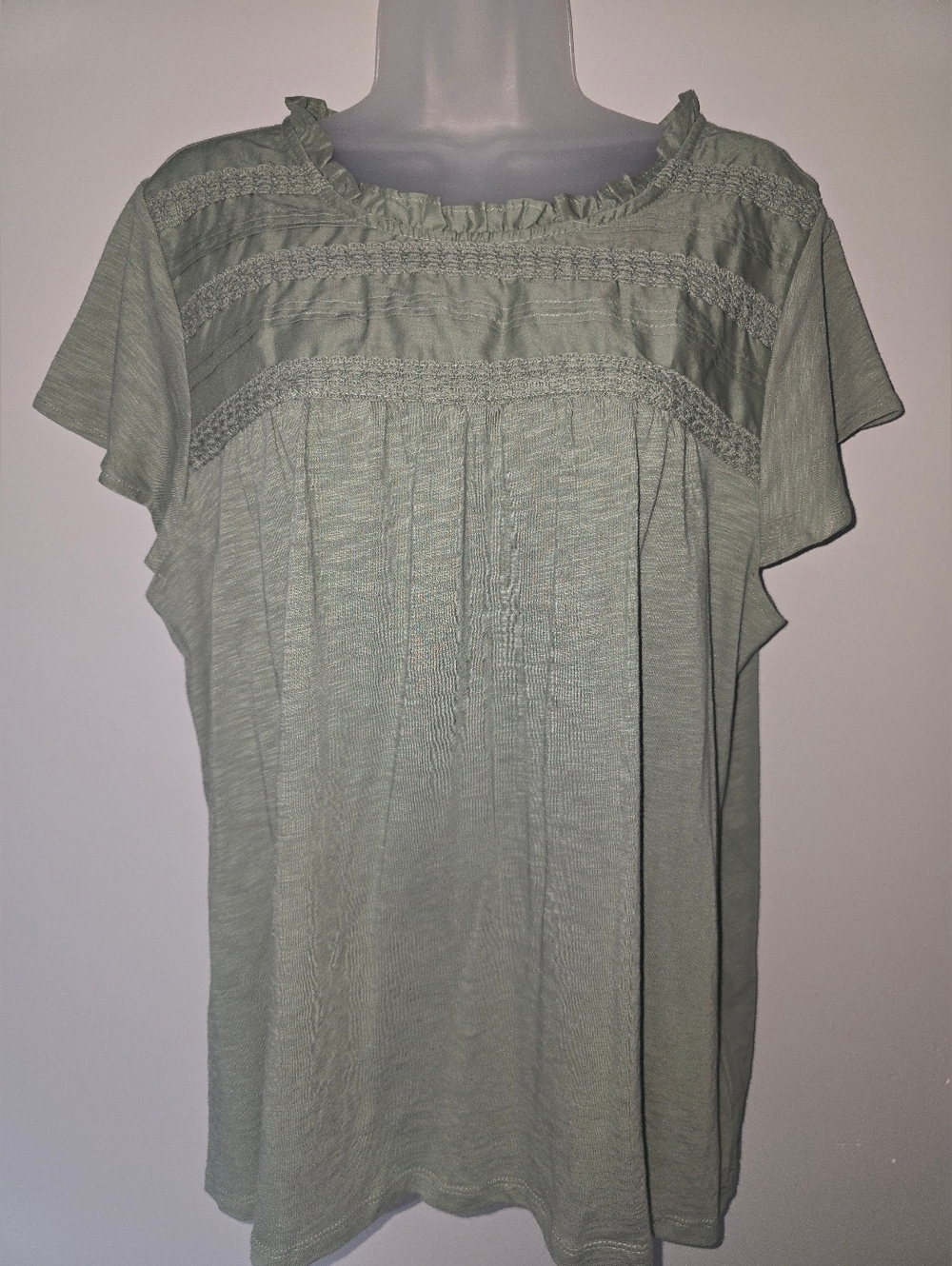 Ella Moss Lace Trim Babydoll Tee Womens Size XL Sage Flutter Sleeve Pintuck Top